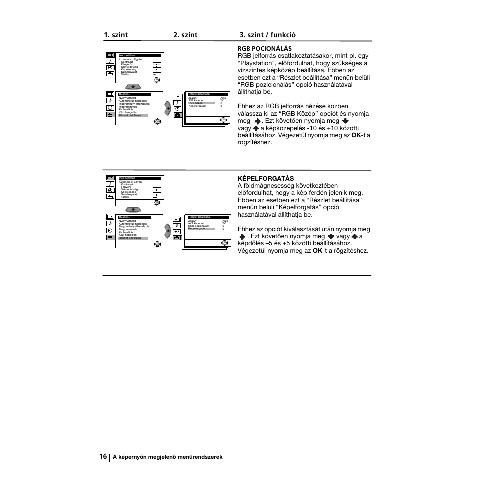 Szint 2. szint 3. szint / funkció, A képernyőn megjelenő menürendszerek | Sony KV-21LS30K User Manual | Page 72 / 116