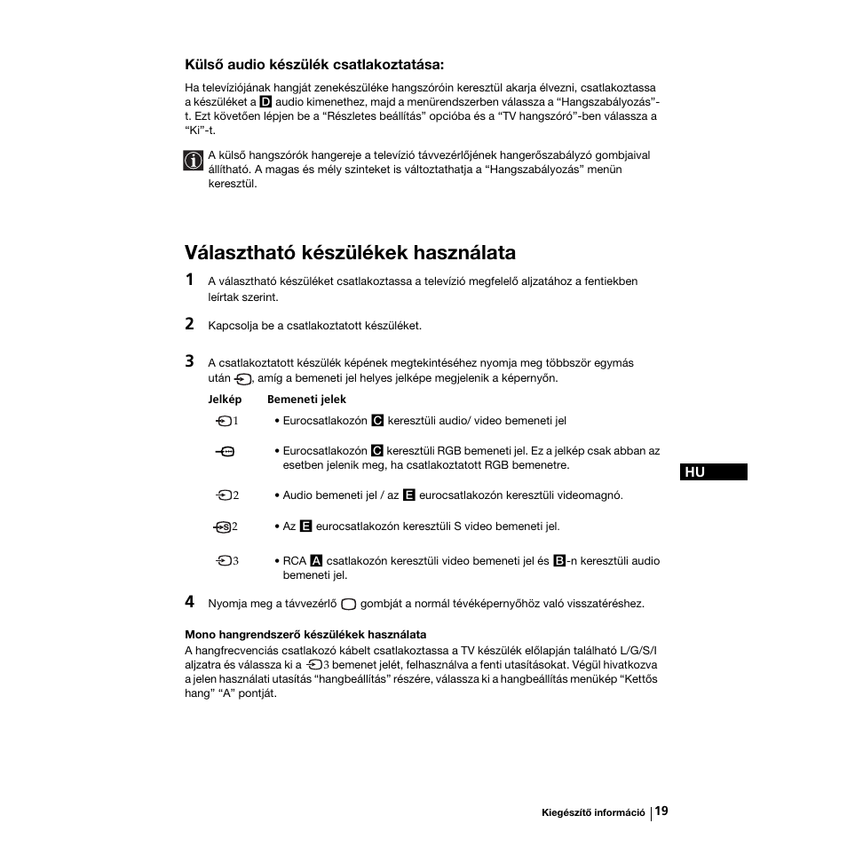 Választható készülékek használata | Sony KV-21LS30K User Manual | Page 75 / 116