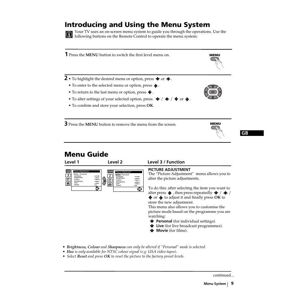 Introducing and using the menu system, Menu guide | Sony KV-21LS30K User Manual | Page 8 / 116