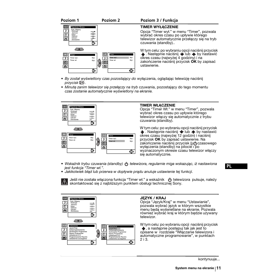 Poziom 1 poziom 2 poziom 3 / funkcja, Kontynuuje | Sony KV-21LS30K User Manual | Page 86 / 116