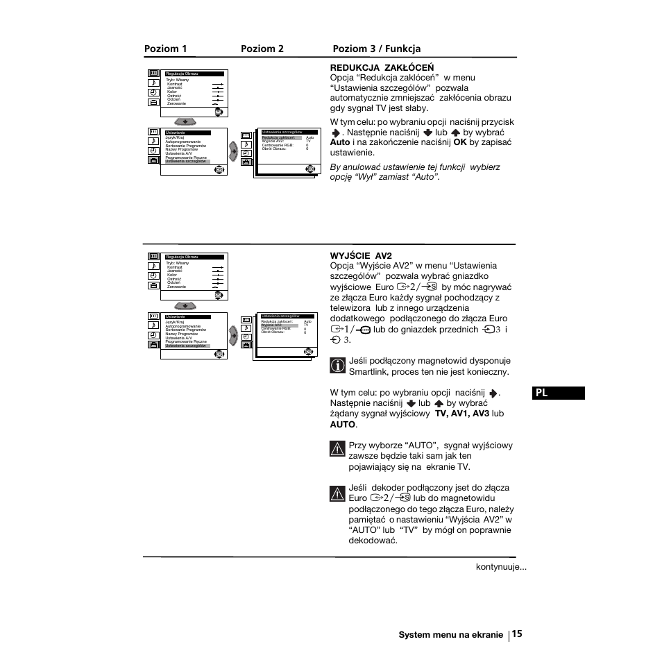 Poziom 1 poziom 2 poziom 3 / funkcja, Kontynuuje | Sony KV-21LS30K User Manual | Page 90 / 116