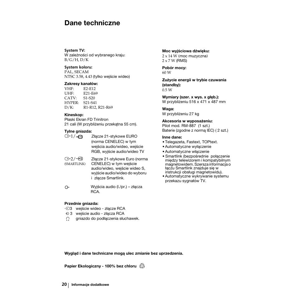 Dane techniczne | Sony KV-21LS30K User Manual | Page 95 / 116