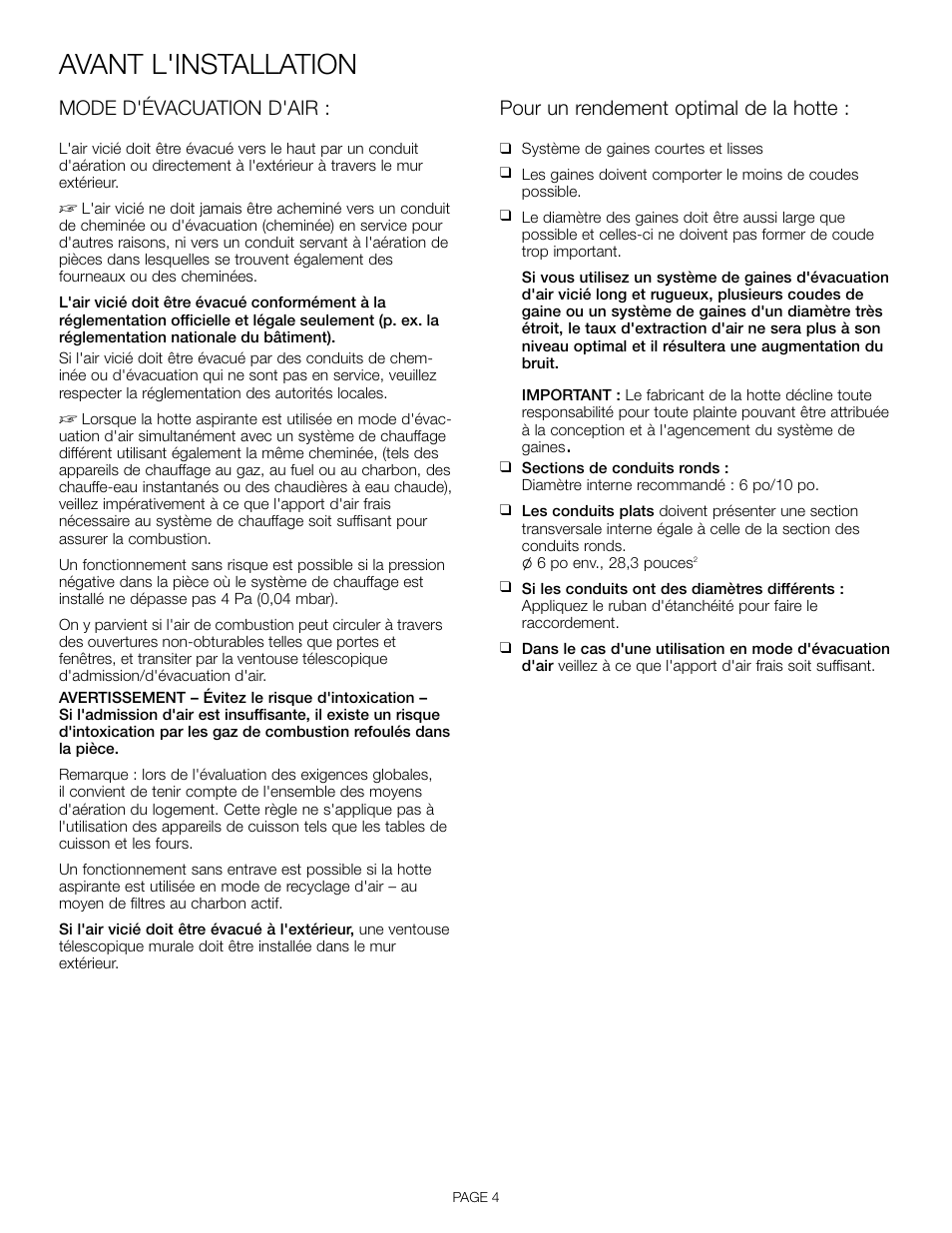 Avant l'installation, Mode d'évacuation d'air, Pour un rendement optimal de la hotte | Thermador VCI 230/236/248 DS User Manual | Page 14 / 28