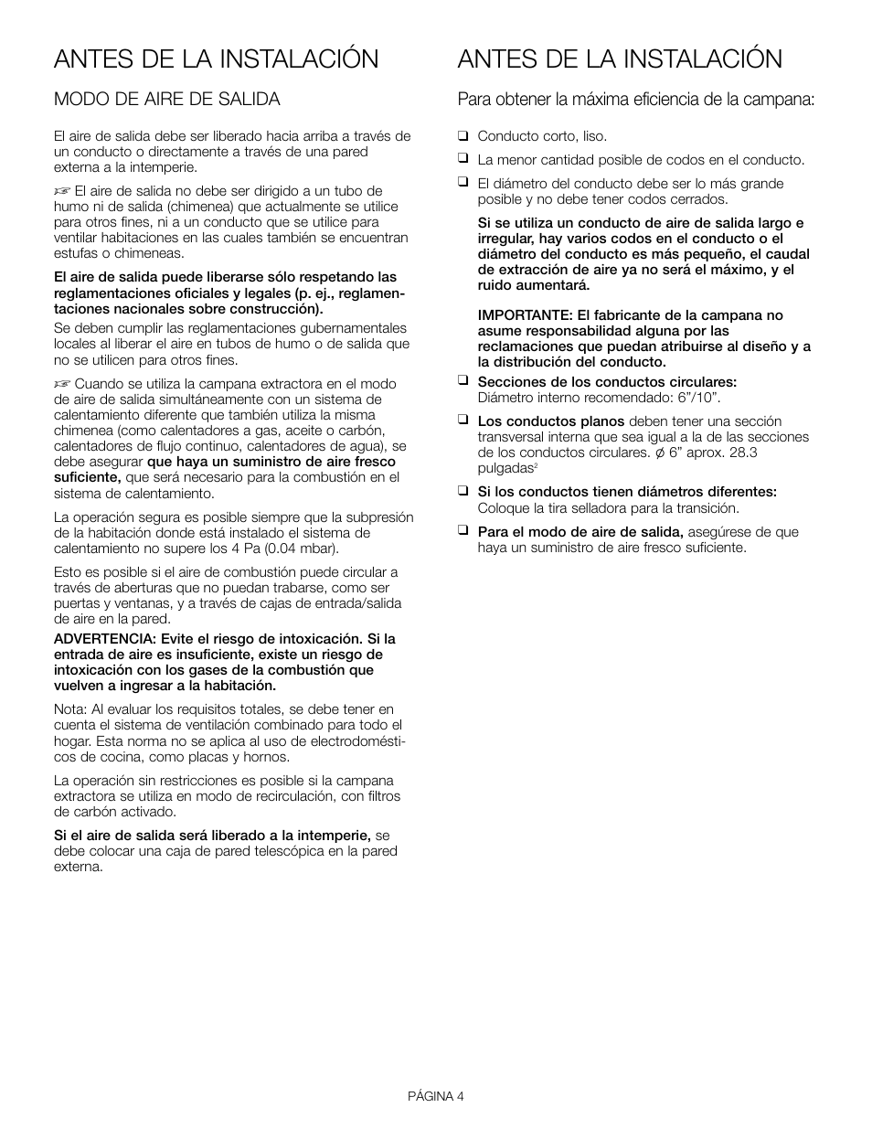 Antes de la instalación, Modo de aire de salida, Para obtener la máxima eficiencia de la campana | Thermador VCI 230/236/248 DS User Manual | Page 22 / 28