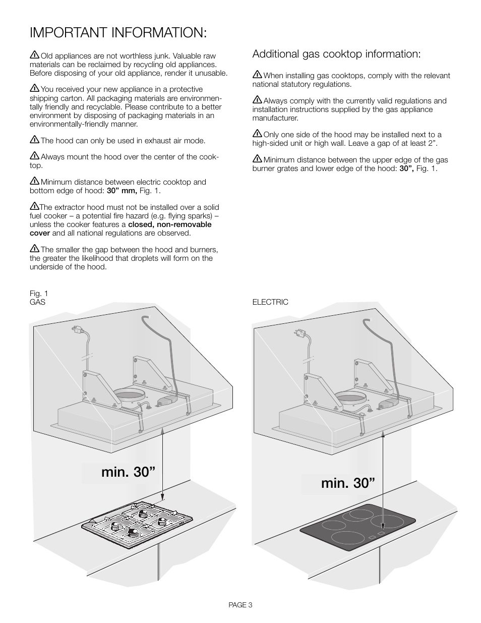 Important information, Min. 30 | Thermador VCI 230/236/248 DS User Manual | Page 5 / 28