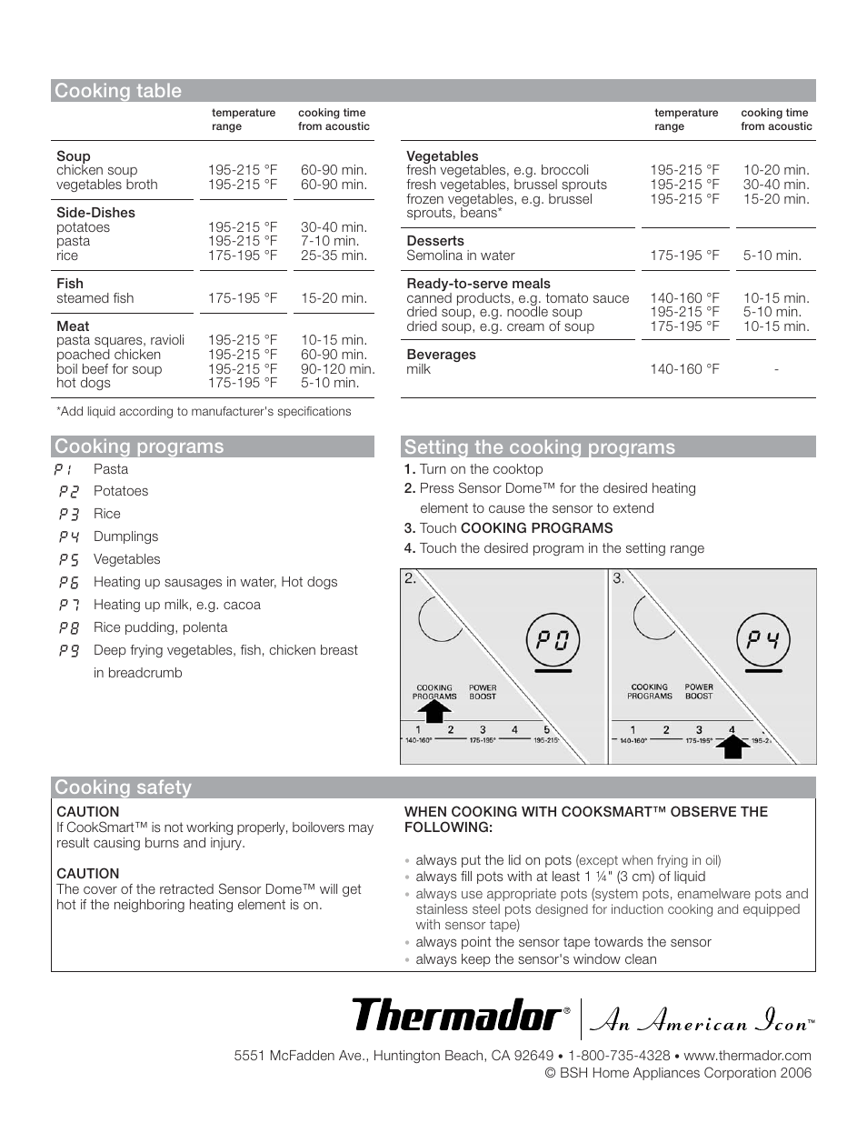 Cooking table, Cooking programs setting the cooking programs, Cooking safety | Thermador COOKSMART CIS365GB User Manual | Page 2 / 2