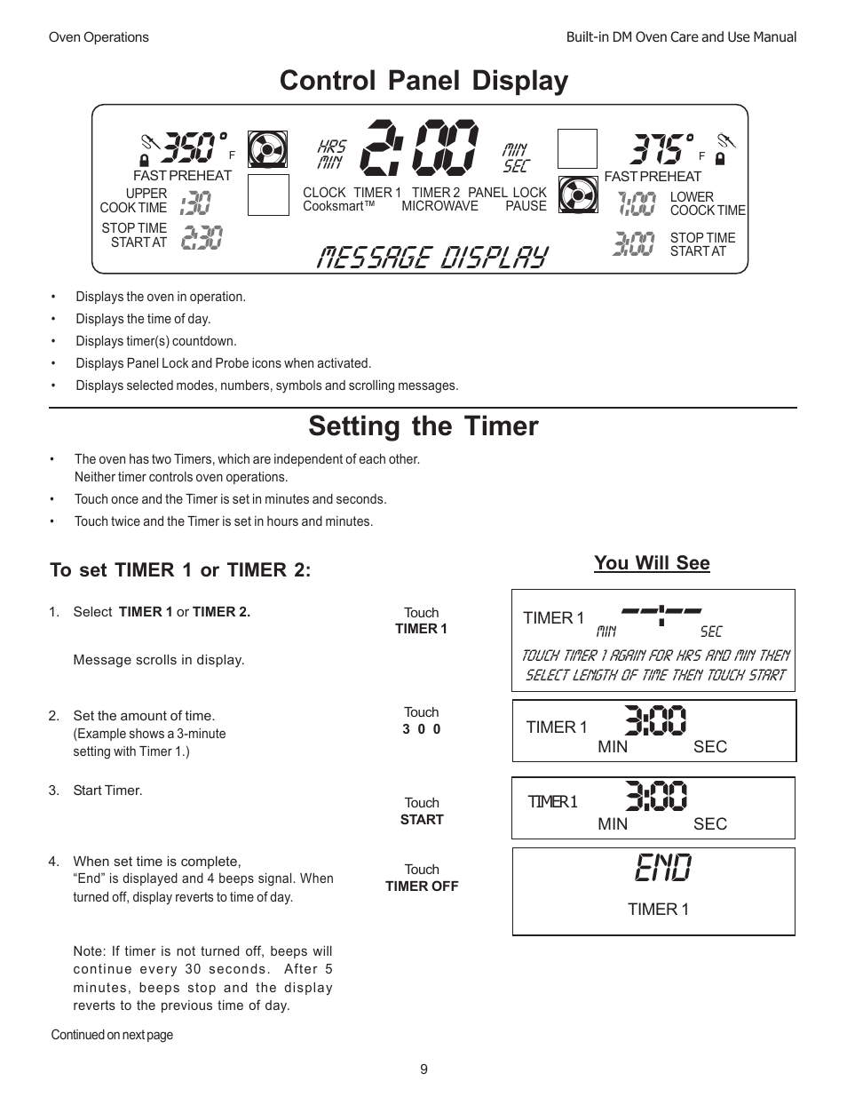Message display, Setting the timer, Control panel display | Thermador DM301 User Manual | Page 11 / 64