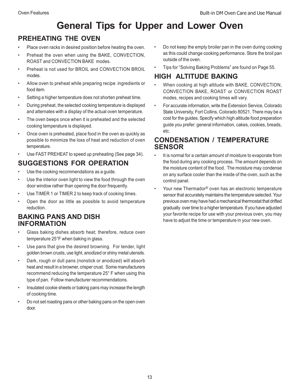 General tips for upper and lower oven, Preheating the oven, Suggestions for operation | Baking pans and dish information, High altitude baking, Condensation / temperature sensor | Thermador DM301 User Manual | Page 15 / 64