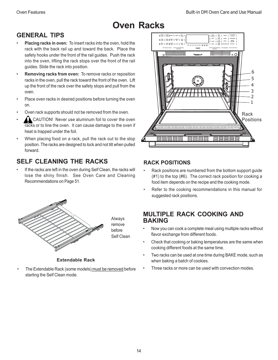 Oven racks, Multiple rack cooking and baking, General tips | Self cleaning the racks, Rack positions, Built-in dm oven care and use manual | Thermador DM301 User Manual | Page 16 / 64