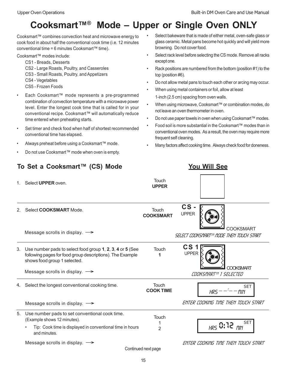 Cooksmart, Mode – upper or single oven only, You will see | C s 1, Hrs min | Thermador DM301 User Manual | Page 17 / 64