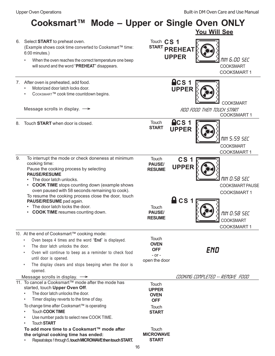 Cooksmart, Mode – upper or single oven only, You will see c s 1 | C s 1 preheat upper, C s 1, Upper | Thermador DM301 User Manual | Page 18 / 64