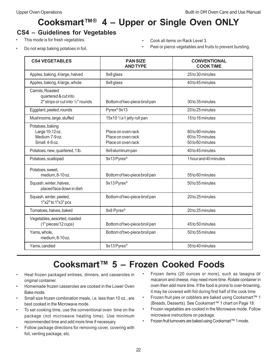 Cooksmart, 4 – upper or single oven only, Cooksmart™ 5 – frozen cooked foods | Cs4 – guidelines for vegetables | Thermador DM301 User Manual | Page 24 / 64