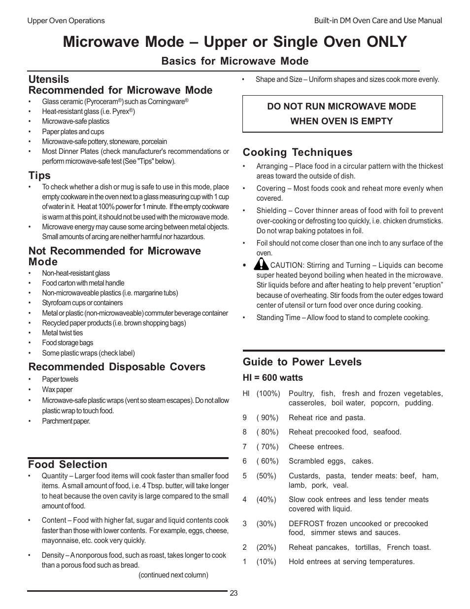 Microwave mode – upper or single oven only, Food selection, Utensils recommended for microwave mode | Tips, Not recommended for microwave mode, Recommended disposable covers, Basics for microwave mode cooking techniques, Guide to power levels | Thermador DM301 User Manual | Page 25 / 64