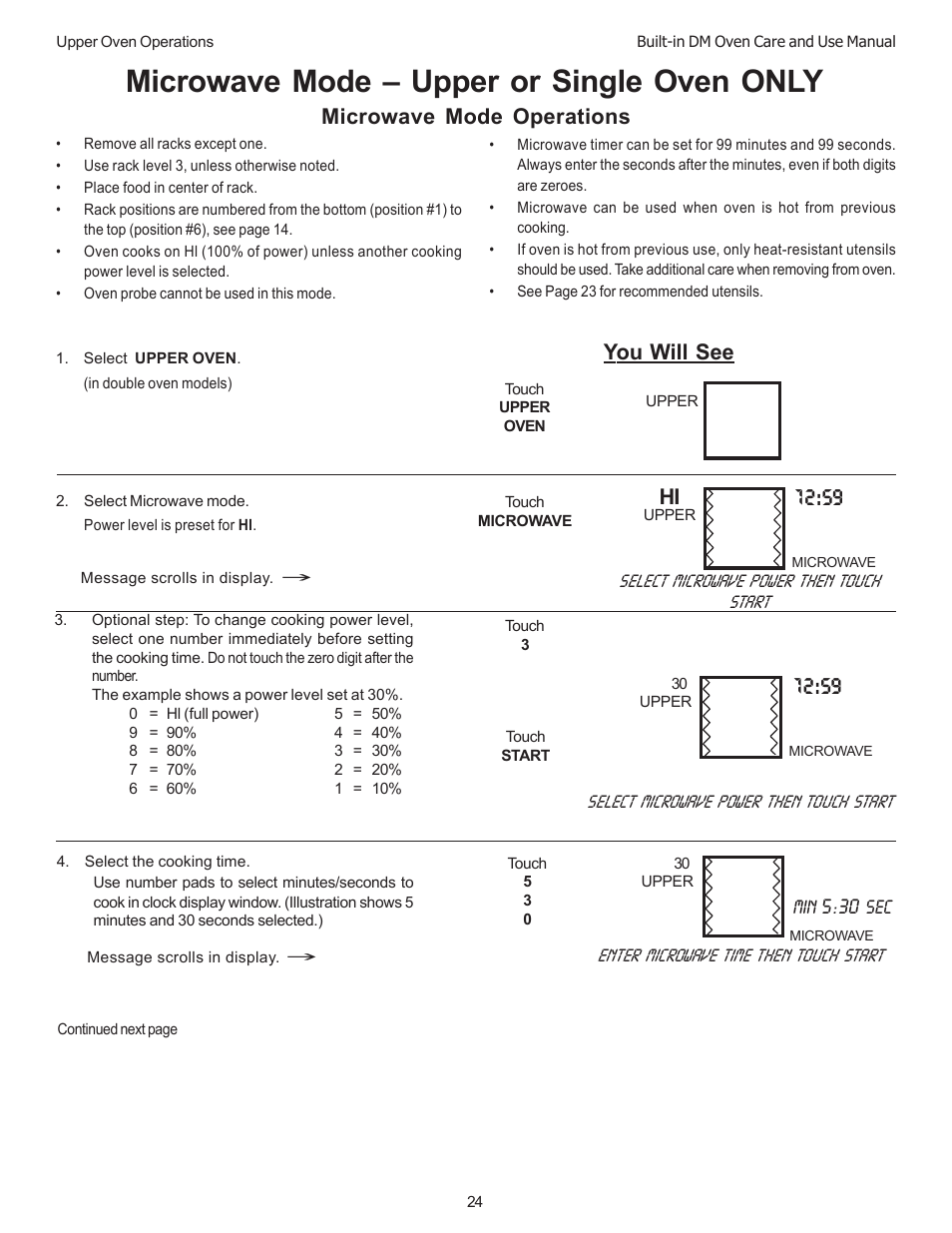Microwave mode – upper or single oven only, You will see, Microwave mode operations | Thermador DM301 User Manual | Page 26 / 64