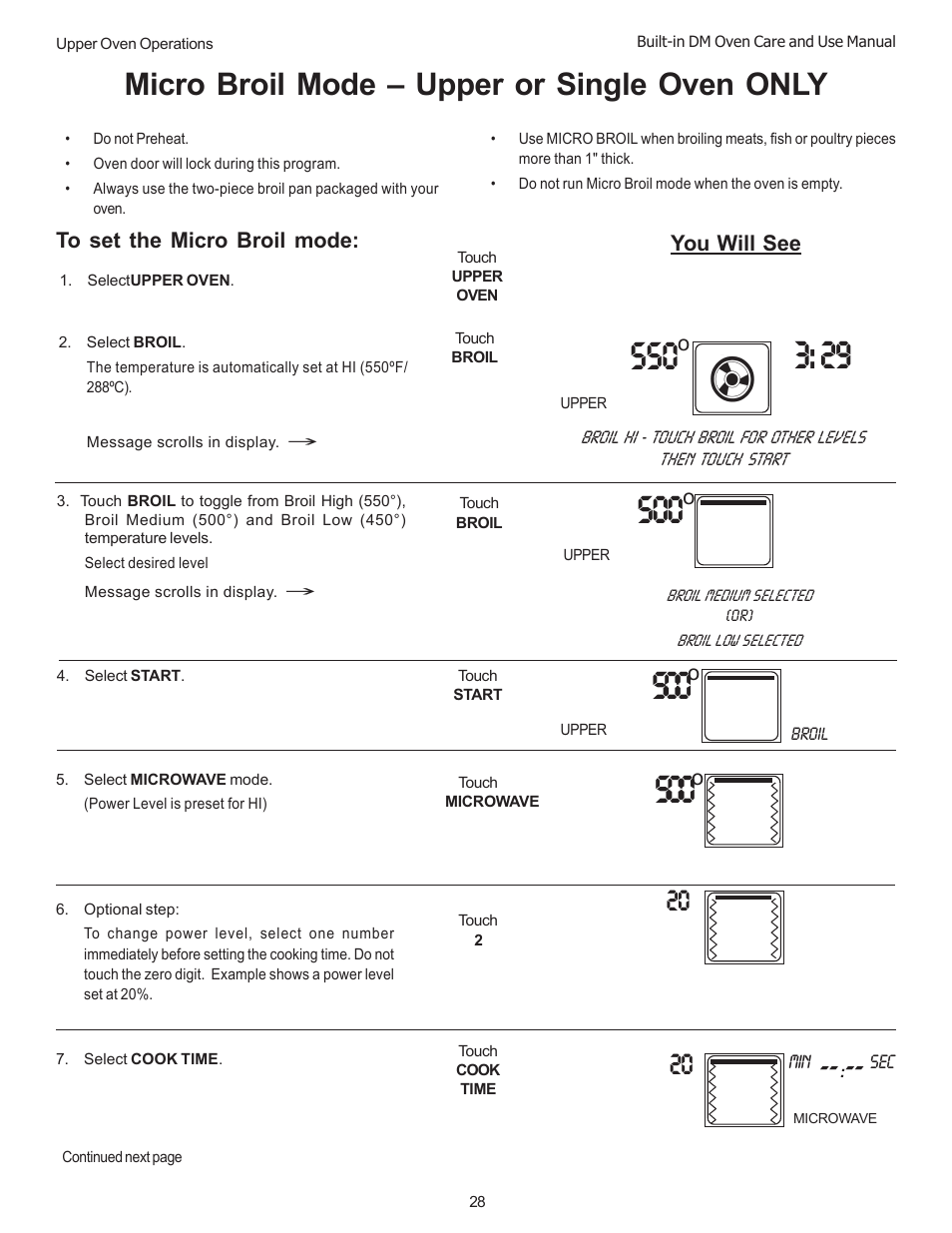 Micro broil mode – upper or single oven only | Thermador DM301 User Manual | Page 30 / 64