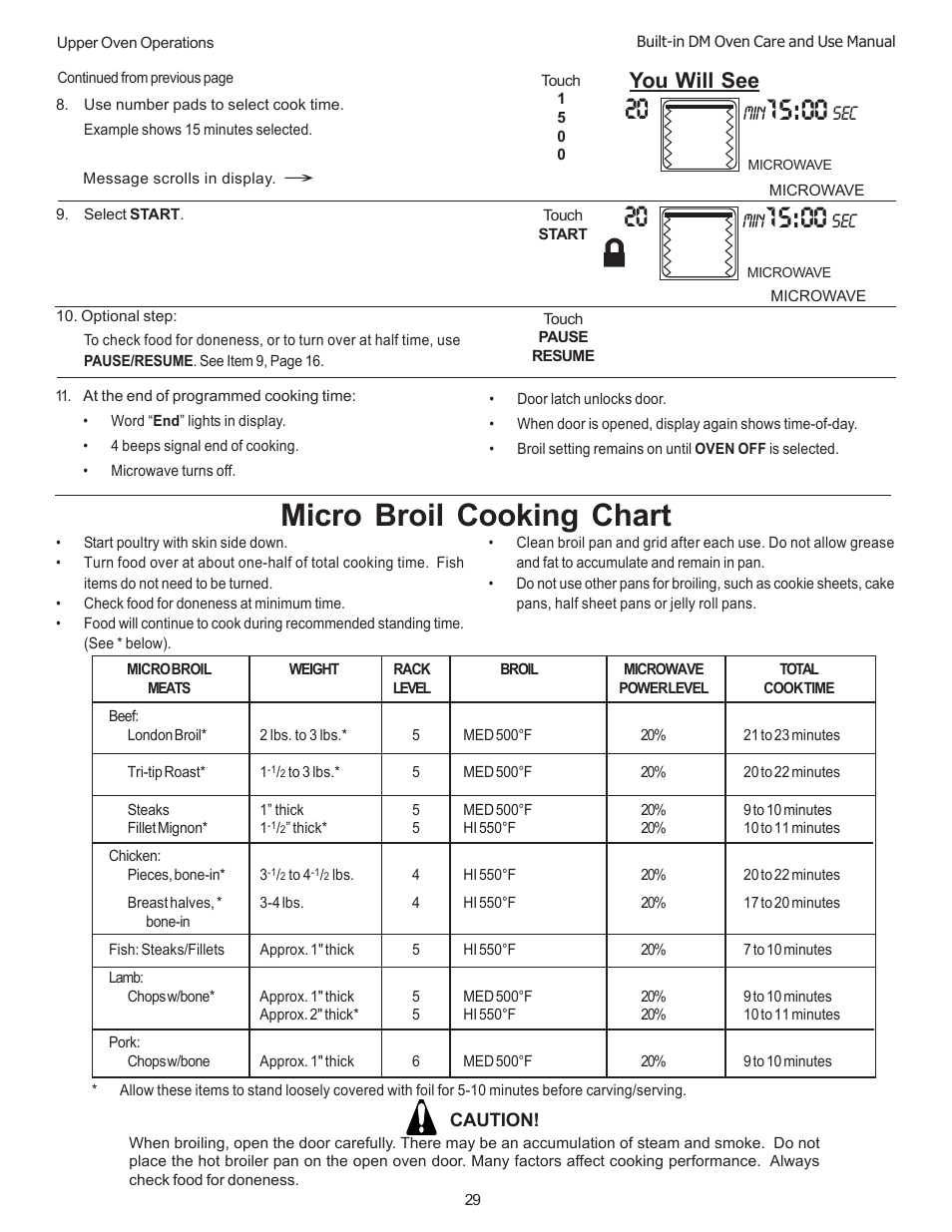 Micro broil cooking chart, You will see, Min sec | Thermador DM301 User Manual | Page 31 / 64