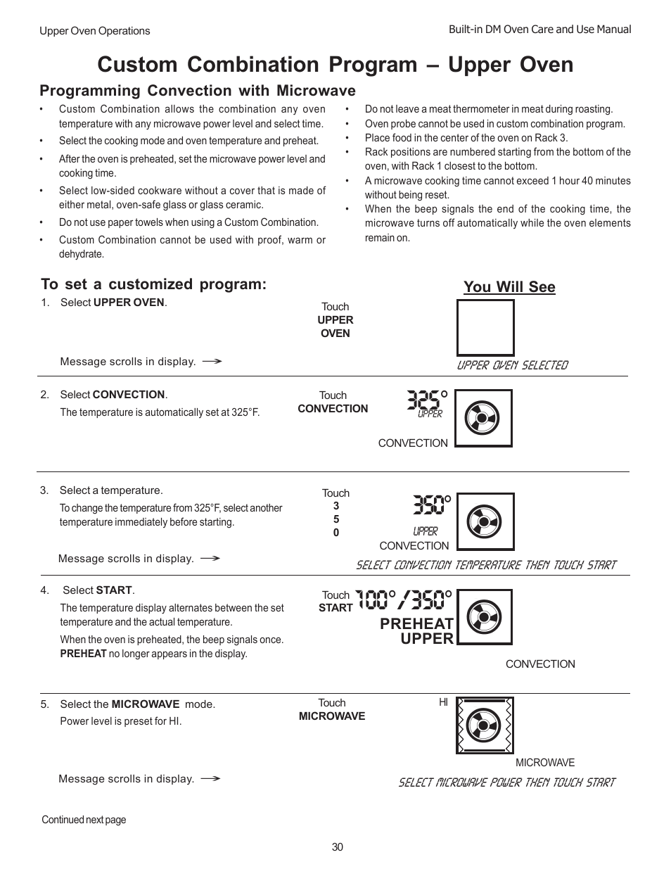 Custom combination program – upper oven, Programming convection with microwave, You will see | Preheat upper | Thermador DM301 User Manual | Page 32 / 64