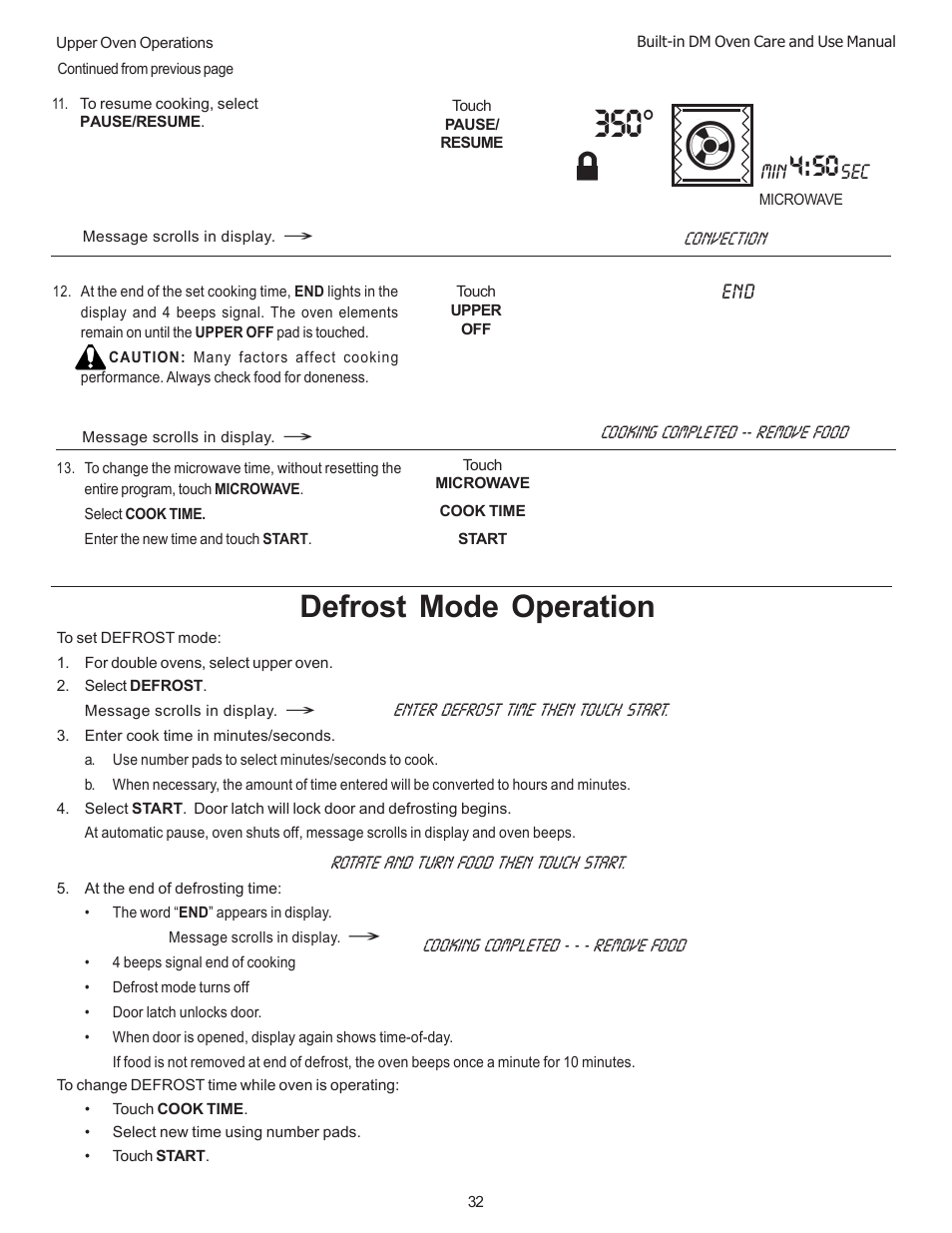 Defrost mode operation, Min sec | Thermador DM301 User Manual | Page 34 / 64