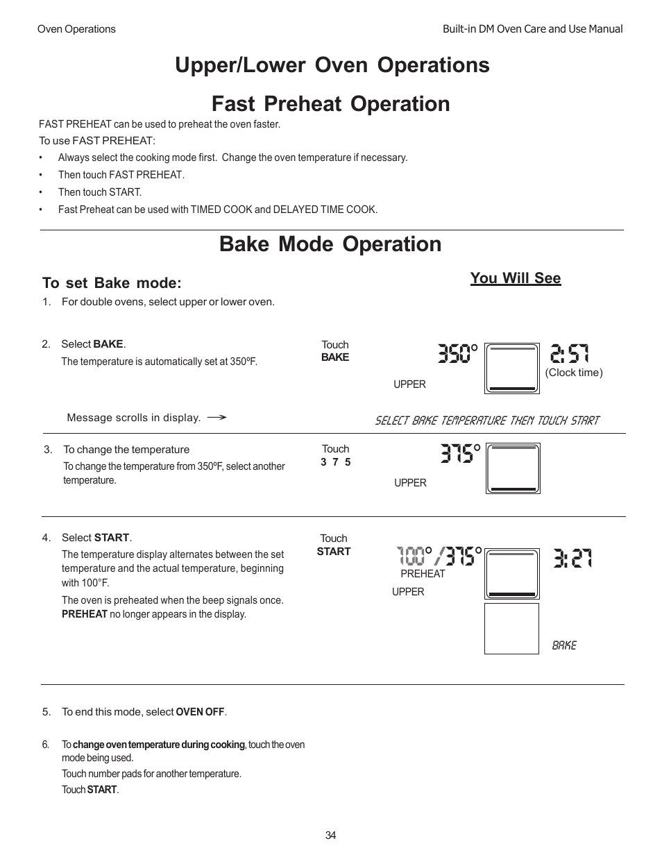 Bake mode operation fast preheat operation, Upper/lower oven operations | Thermador DM301 User Manual | Page 36 / 64