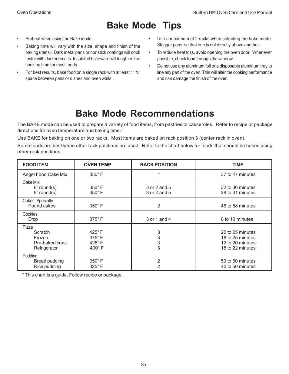 Bake mode recommendations, Bake mode tips | Thermador DM301 User Manual | Page 37 / 64