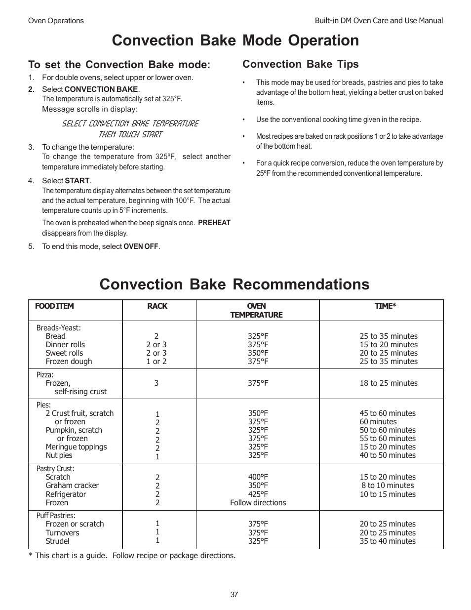 Convection bake mode operation, Convection bake recommendations, Convection bake tips | Thermador DM301 User Manual | Page 39 / 64