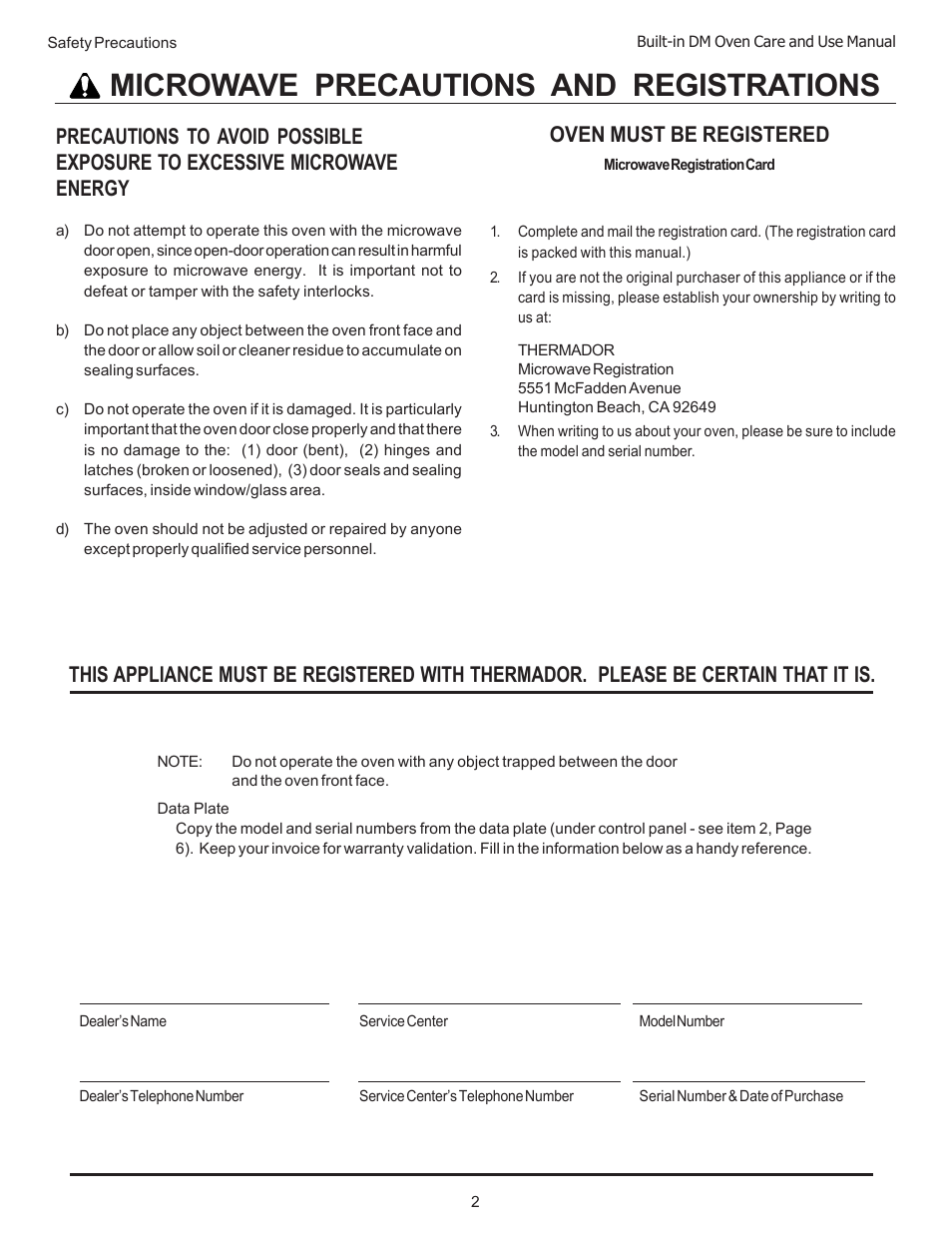Microwave precautions and registrations, Oven must be registered | Thermador DM301 User Manual | Page 4 / 64