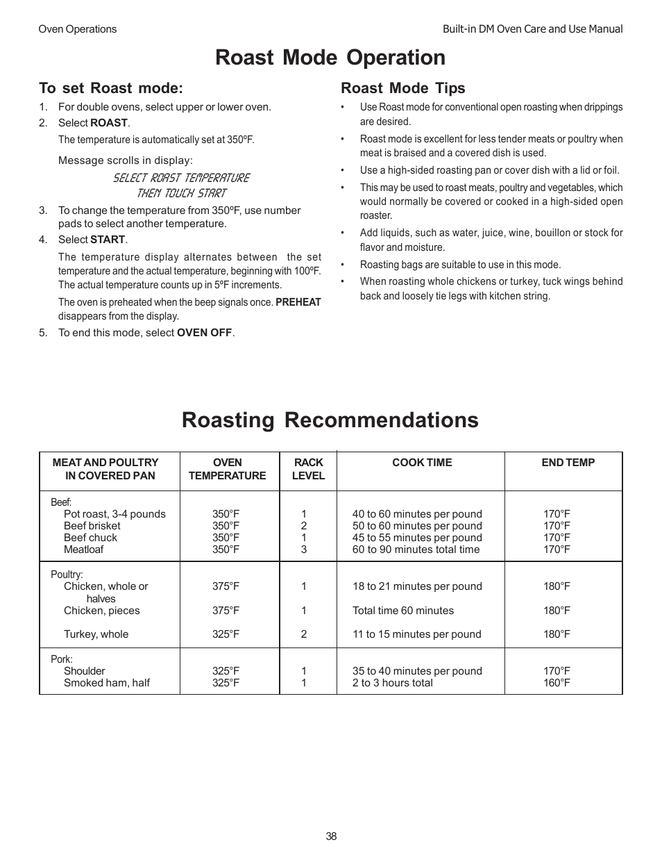 Roast mode operation, Roasting recommendations, Roast mode tips | Thermador DM301 User Manual | Page 40 / 64