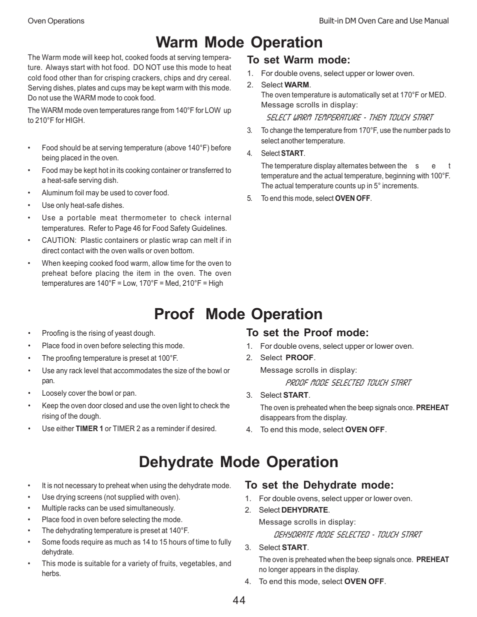 Warm mode operation, Proof mode operation, Dehydrate mode operation | Thermador DM301 User Manual | Page 46 / 64