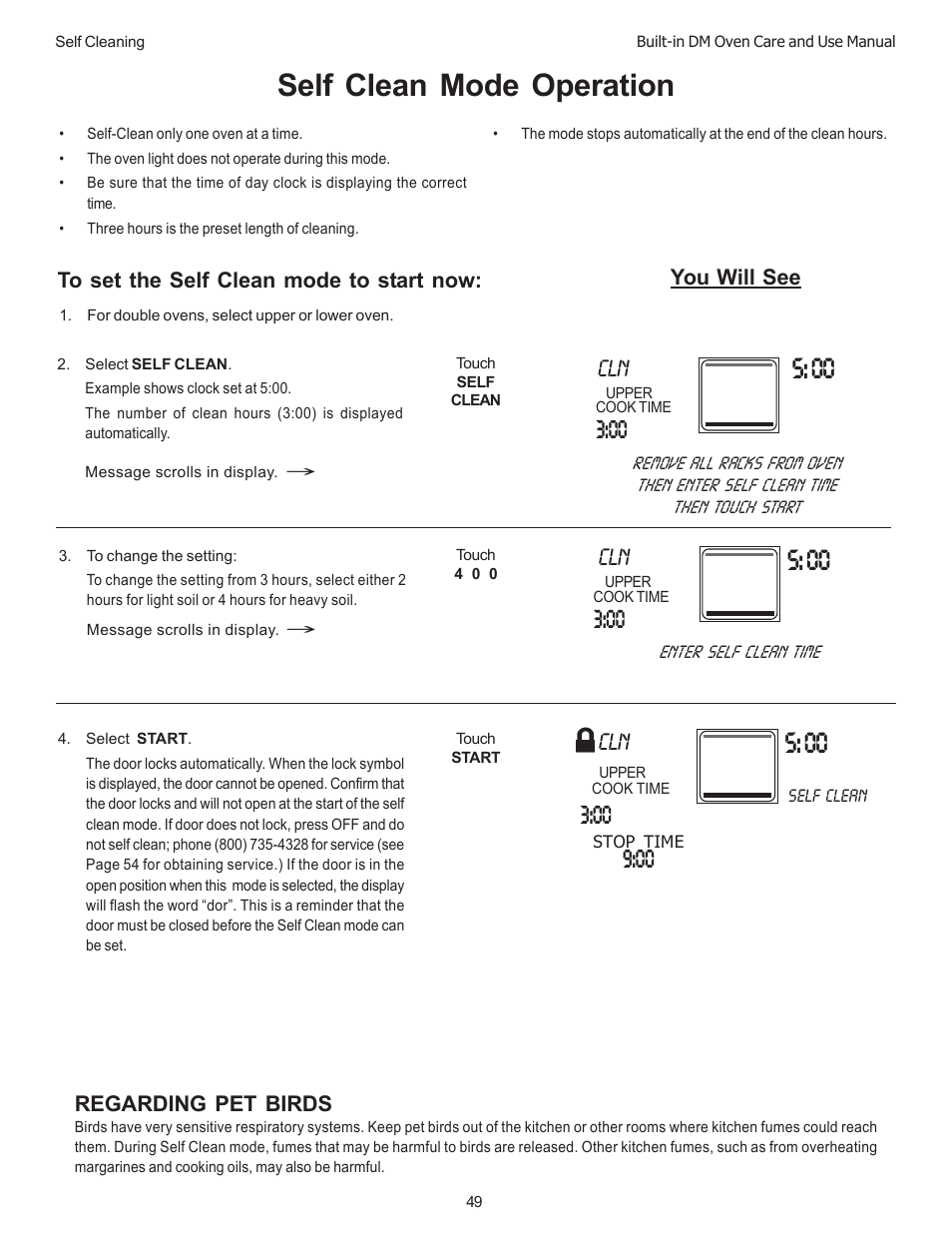 Self clean mode operation | Thermador DM301 User Manual | Page 51 / 64