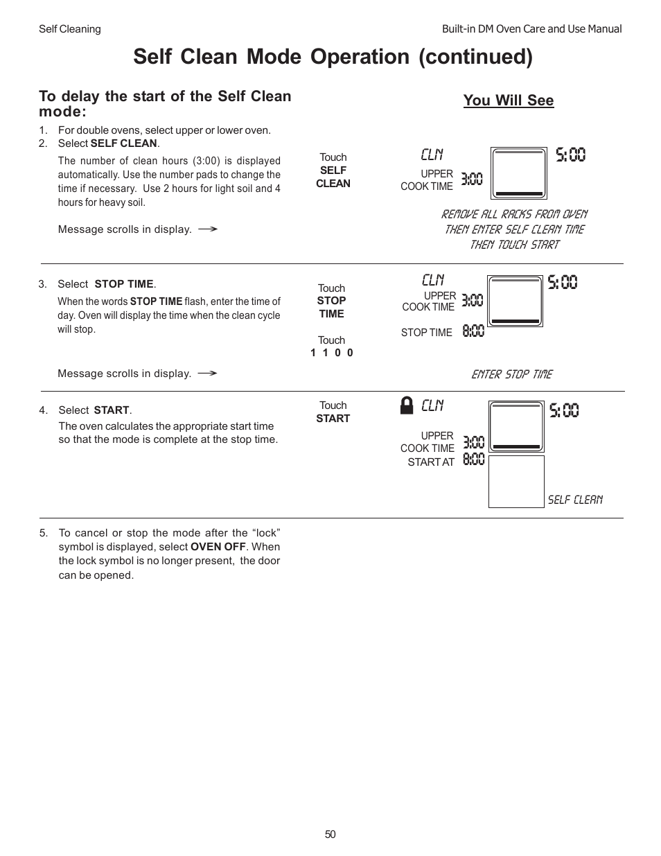 Self clean mode operation (continued) | Thermador DM301 User Manual | Page 52 / 64