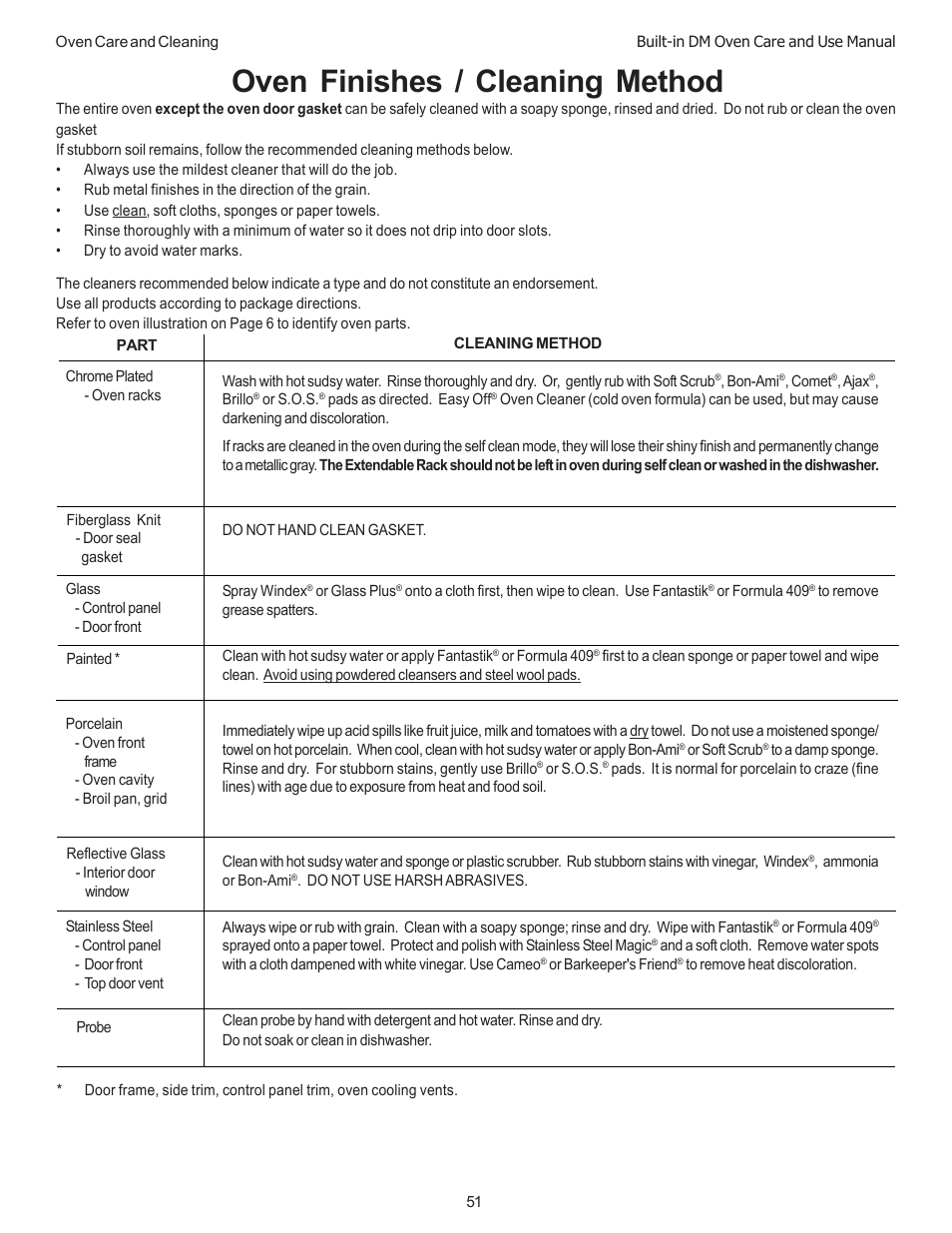 Oven finishes / cleaning method | Thermador DM301 User Manual | Page 53 / 64