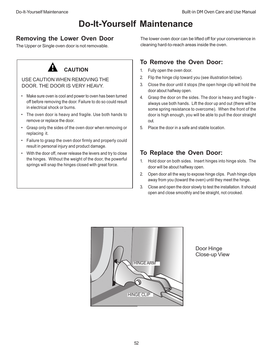 Do-it-yourself maintenance, Removing the lower oven door | Thermador DM301 User Manual | Page 54 / 64