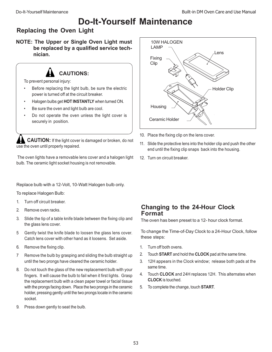 Do-it-yourself maintenance, Replacing the oven light, Changing to the 24-hour clock format | Thermador DM301 User Manual | Page 55 / 64