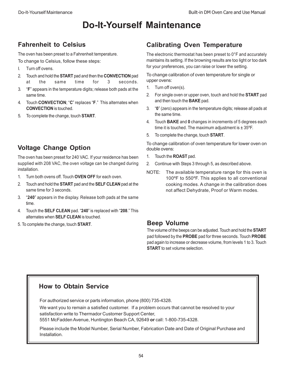 Do-it-yourself maintenance, Fahrenheit to celsius, Calibrating oven temperature | Voltage change option, How to obtain service beep volume | Thermador DM301 User Manual | Page 56 / 64