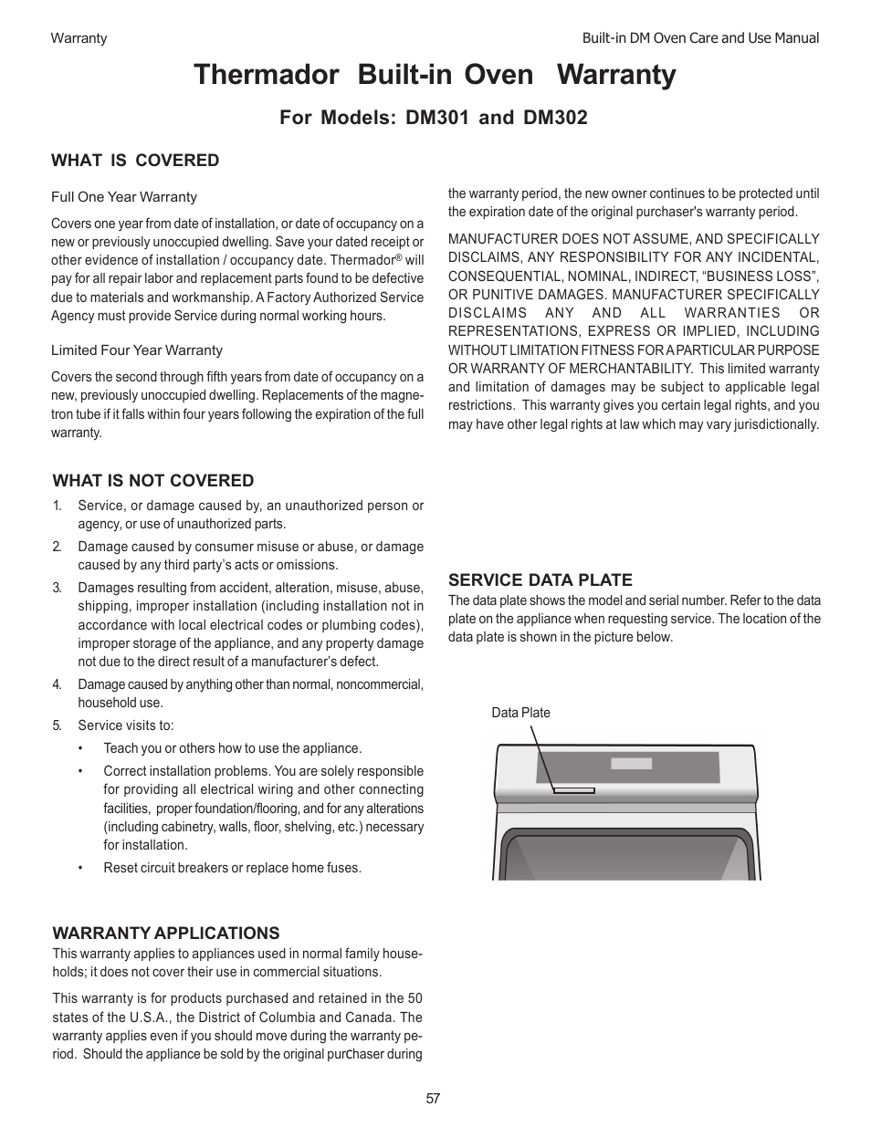 Thermador, Built-in oven warranty | Thermador DM301 User Manual | Page 59 / 64