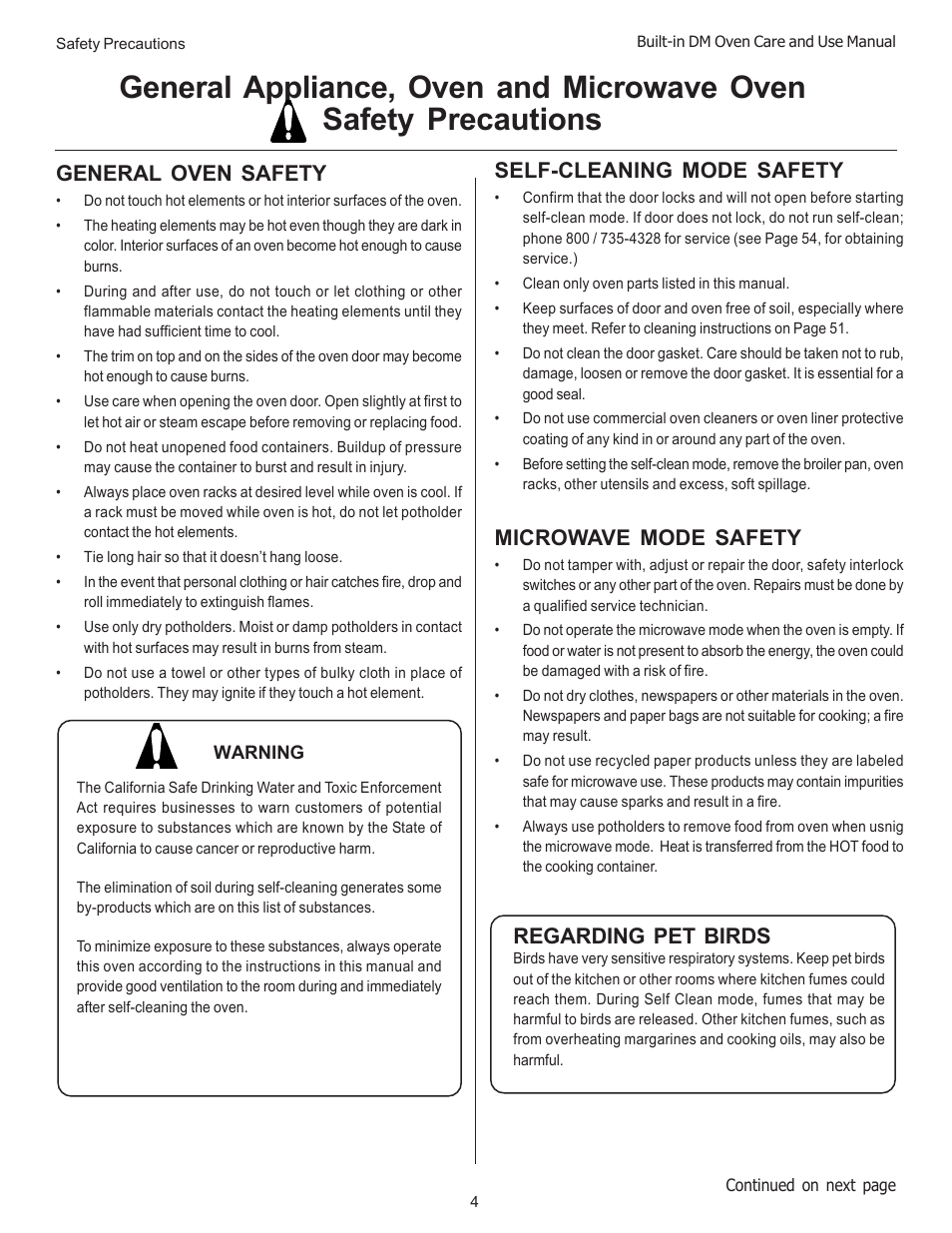 General oven safety, Self-cleaning mode safety, Microwave mode safety | Regarding pet birds | Thermador DM301 User Manual | Page 6 / 64