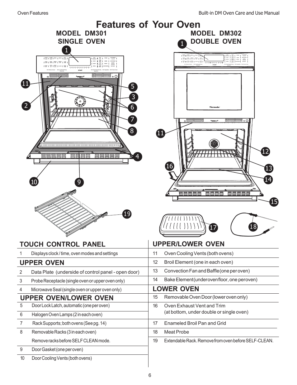 Features of your oven, Touch control panel, Upper oven | Upper/lower oven, Lower oven, Upper oven/lower oven, Built-in dm oven care and use manual, 1displays clock / time, oven modes and settings, Oven features 6 | Thermador DM301 User Manual | Page 8 / 64