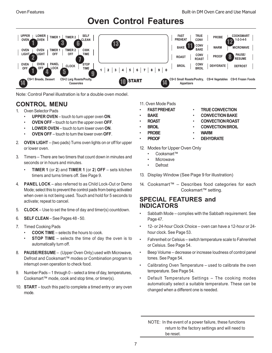 Oven control features, Control menu, Special features and indicators | Thermador DM301 User Manual | Page 9 / 64