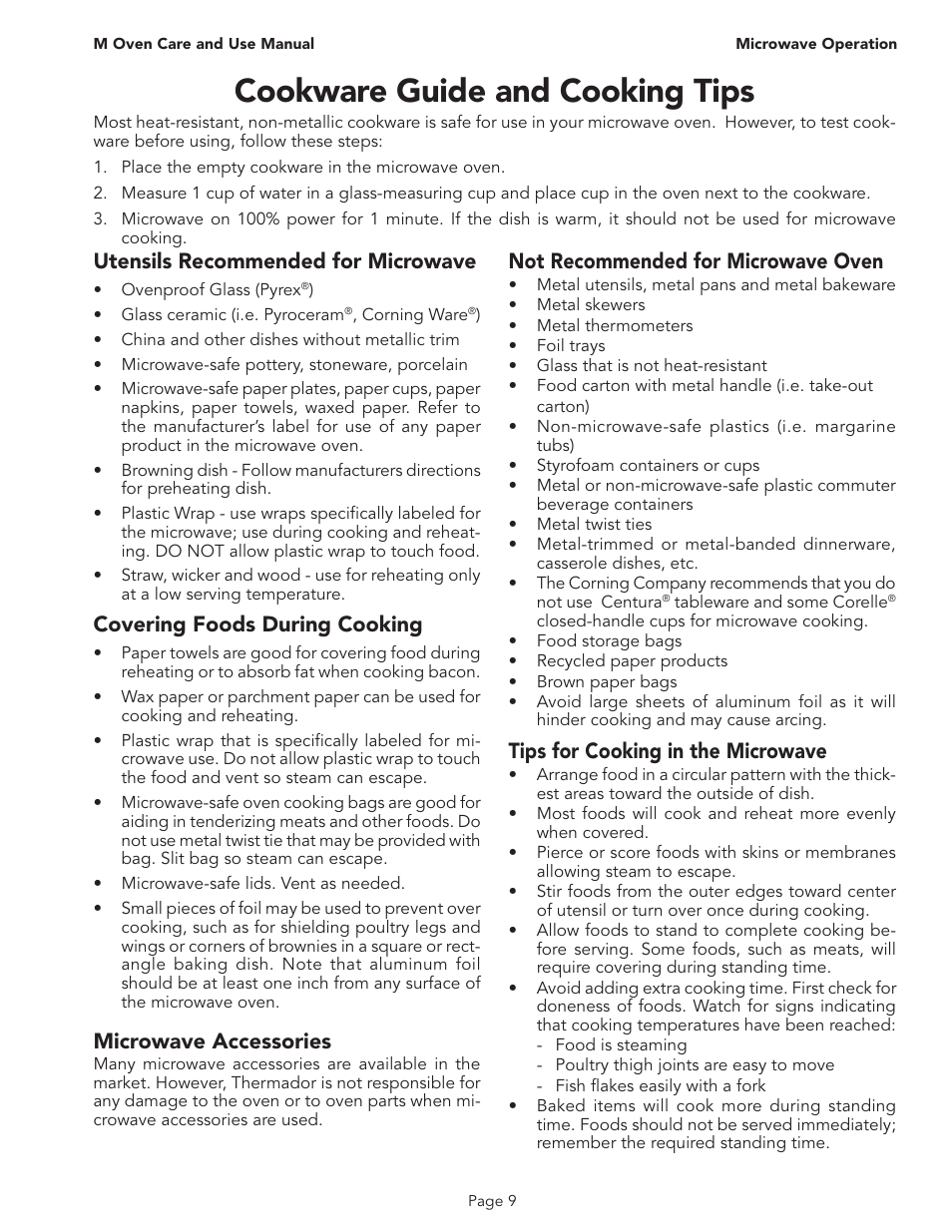 Cookware guide and cooking tips, Utensils recommended for microwave, Covering foods during cooking | Microwave accessories, Not recommended for microwave oven, Tips for cooking in the microwave | Thermador MT30B User Manual | Page 11 / 28