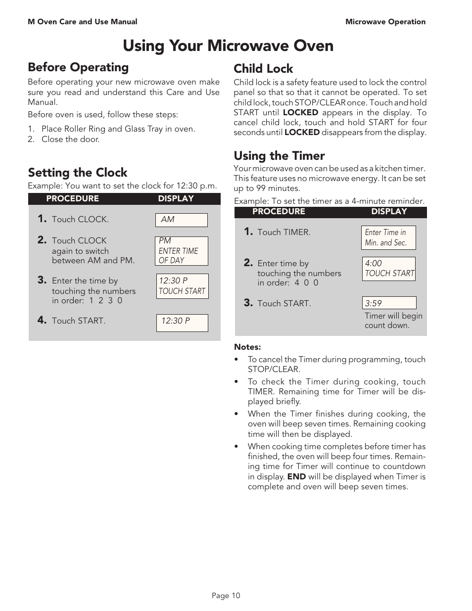 Using your microwave oven, Before operating, Child lock | Setting the clock, Using the timer | Thermador MT30B User Manual | Page 12 / 28