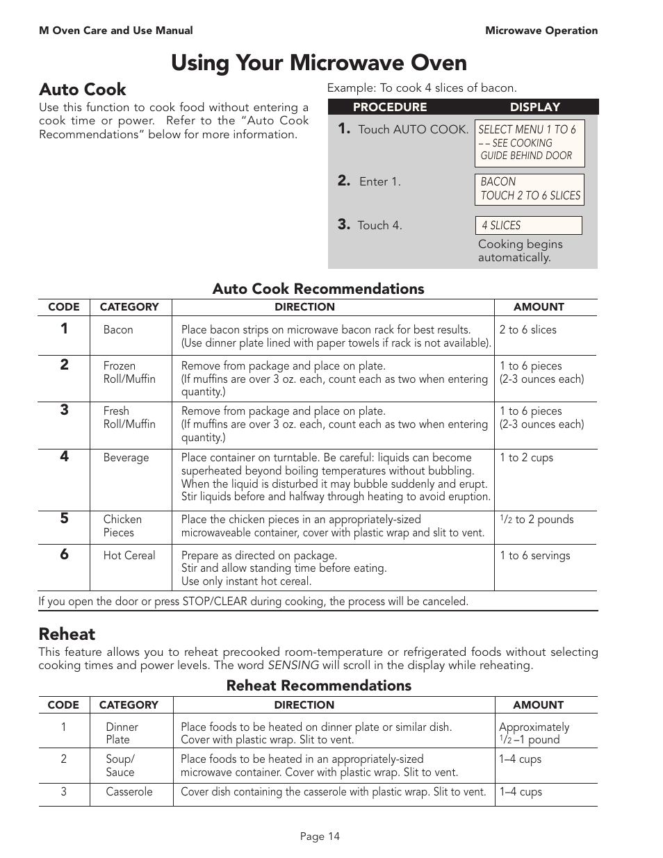 Using your microwave oven, Reheat, Auto cook | Auto cook recommendations, Reheat recommendations 1 | Thermador MT30B User Manual | Page 16 / 28