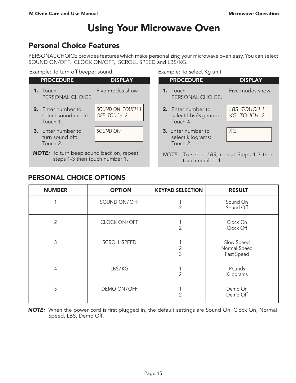 Using your microwave oven, Personal choice features, Personal choice options | Thermador MT30B User Manual | Page 17 / 28