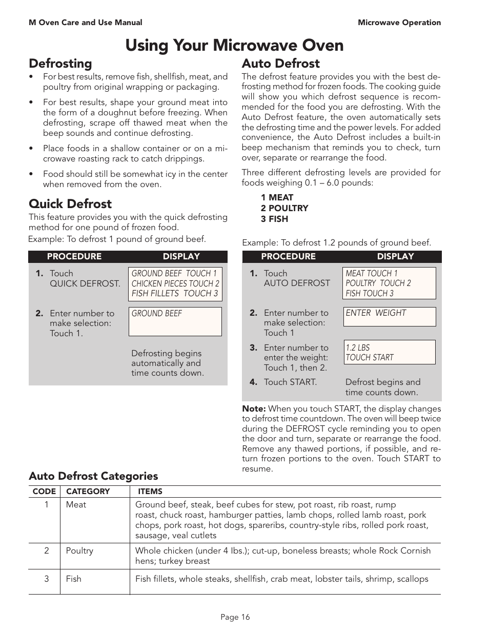 Using your microwave oven, Auto defrost, Quick defrost | Defrosting, Auto defrost categories | Thermador MT30B User Manual | Page 18 / 28