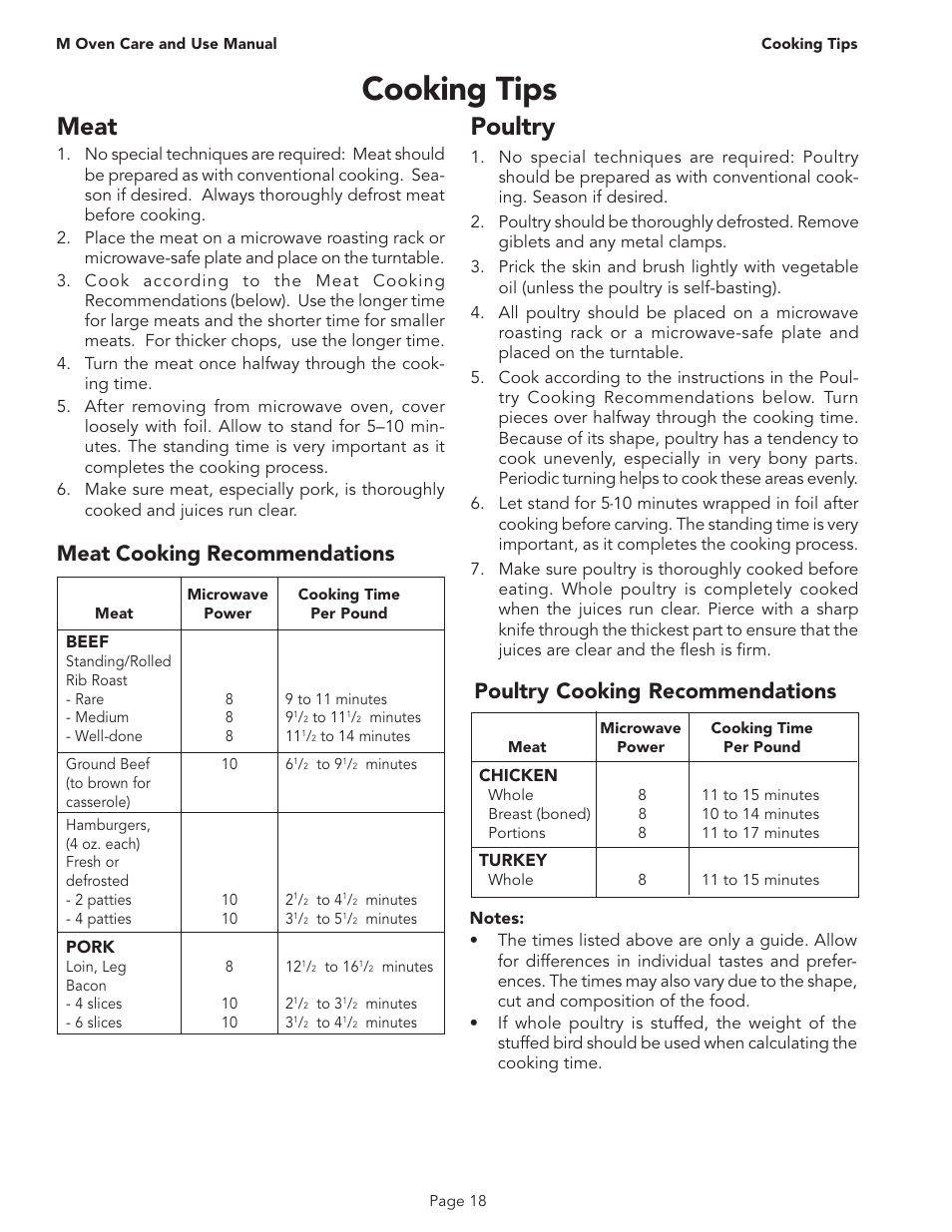 Cooking tips, Meat, Poultry | Meat cooking recommendations, Poultry cooking recommendations | Thermador MT30B User Manual | Page 20 / 28