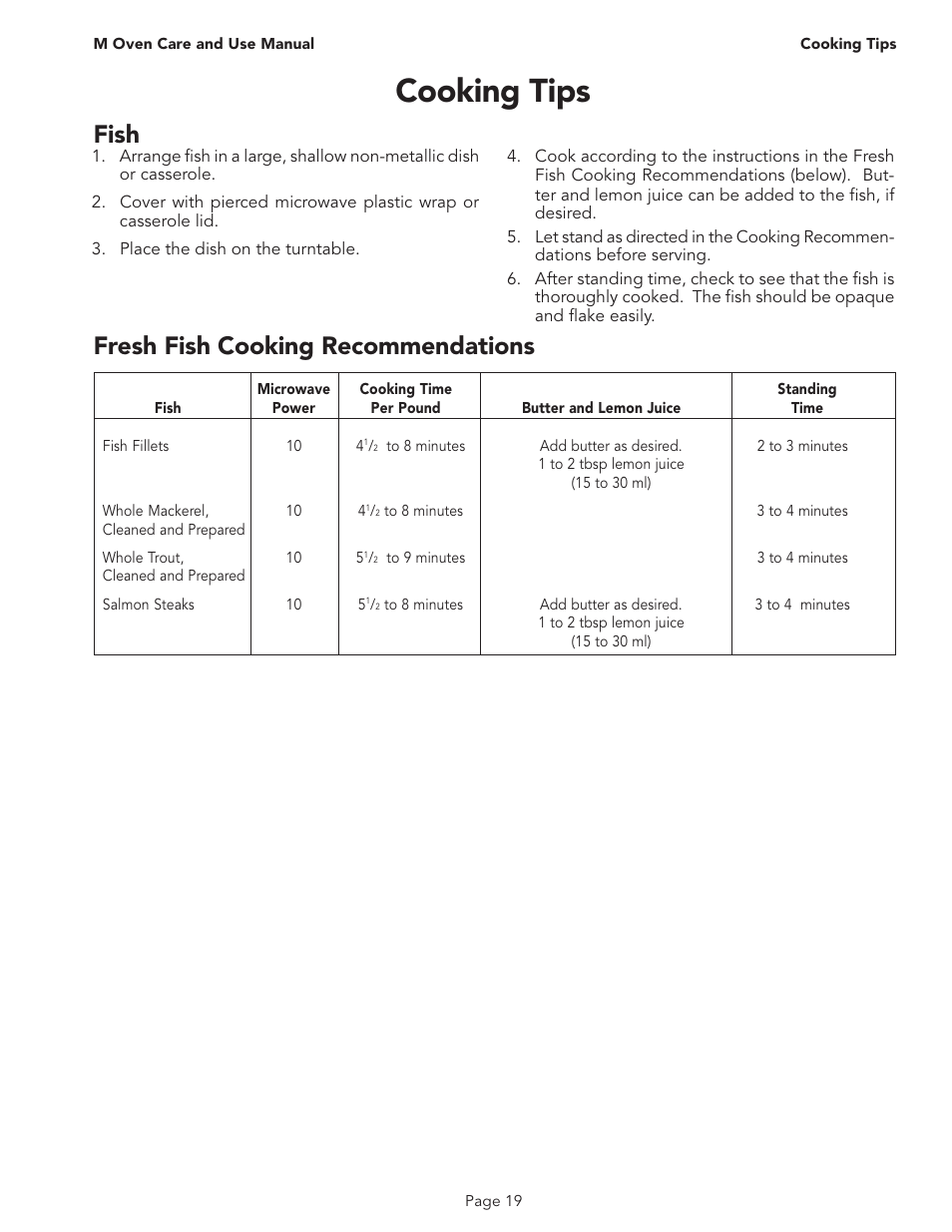 Cooking tips, Fish, Fresh fish cooking recommendations | Thermador MT30B User Manual | Page 21 / 28