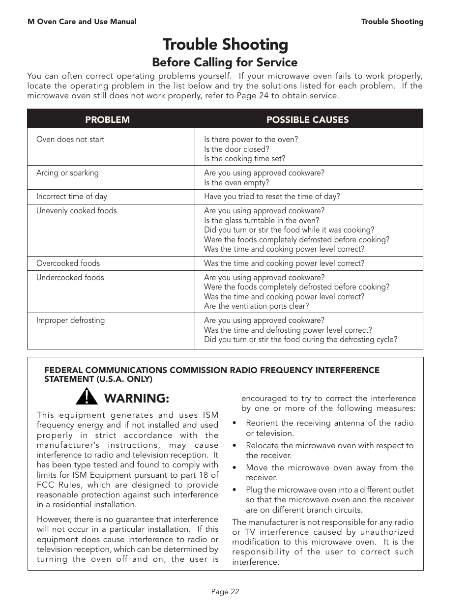 Trouble shooting, Before calling for service, Warning | Thermador MT30B User Manual | Page 24 / 28