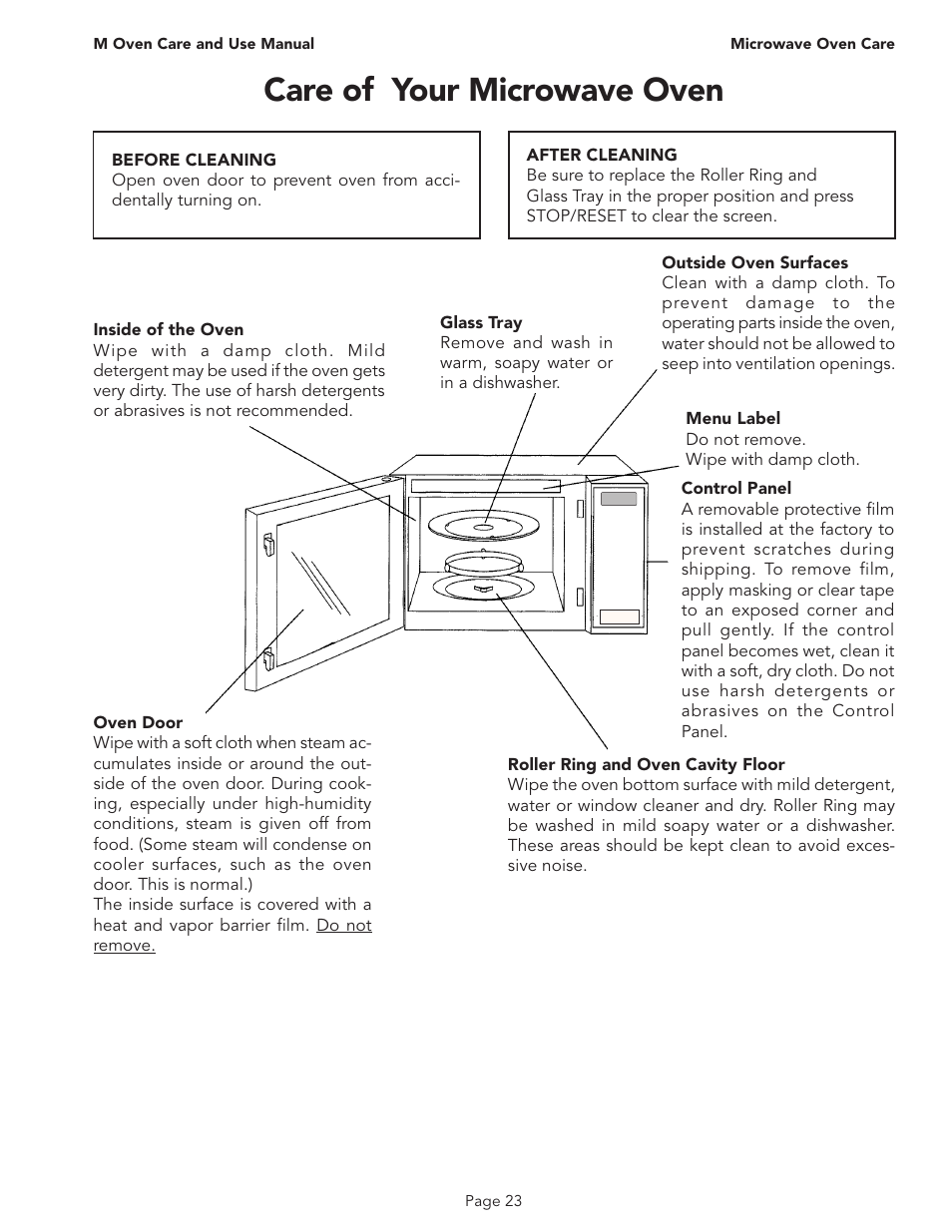 Care of your microwave oven, M oven care and use manual, Microwave oven care page 23 | Thermador MT30B User Manual | Page 25 / 28