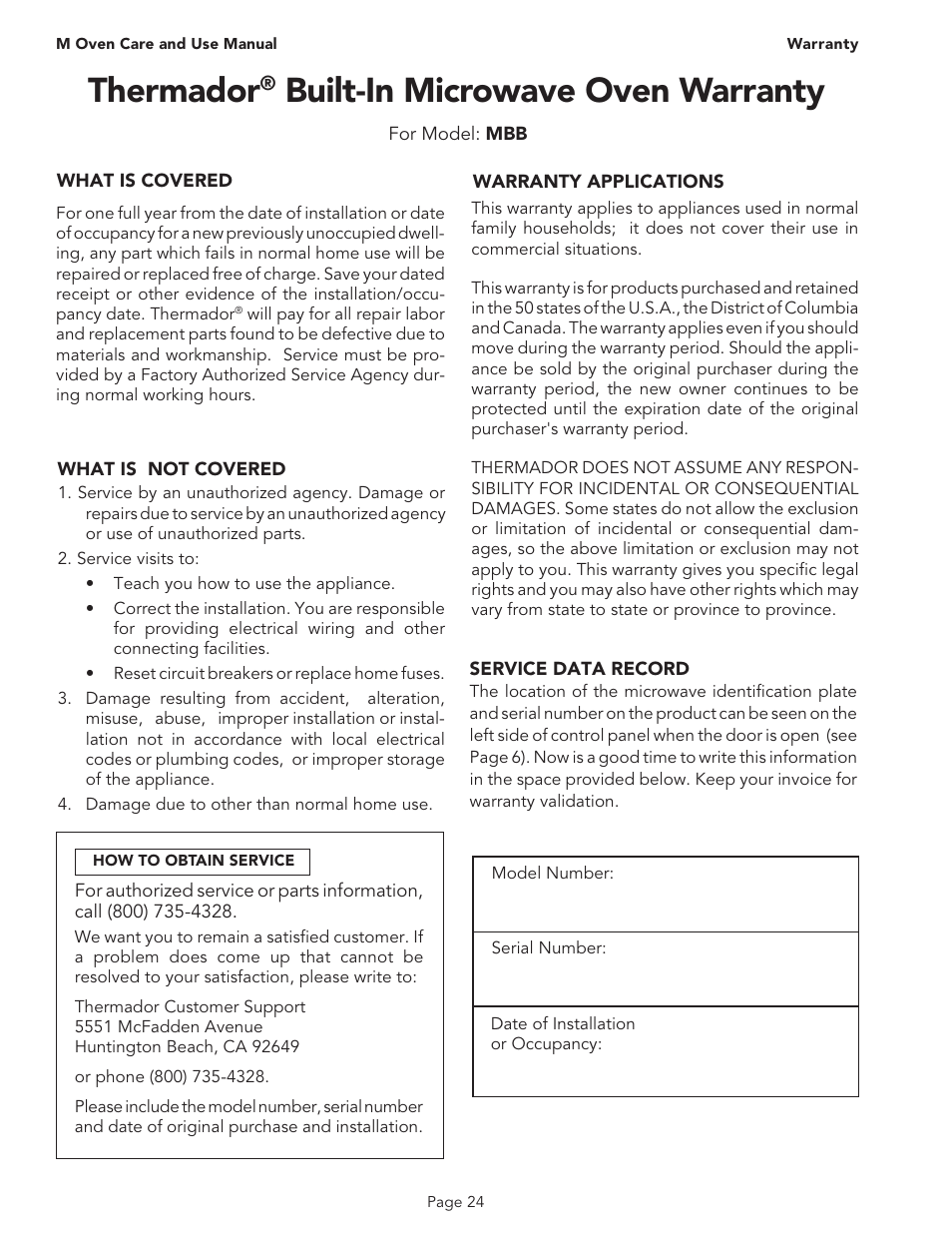 Thermador, Built-in microwave oven warranty | Thermador MT30B User Manual | Page 26 / 28