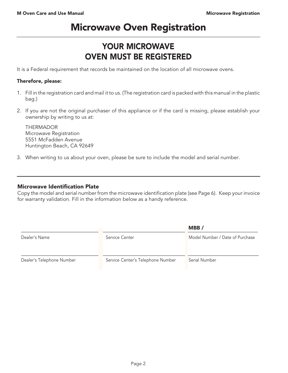 Microwave oven registration, Your microwave oven must be registered | Thermador MT30B User Manual | Page 4 / 28