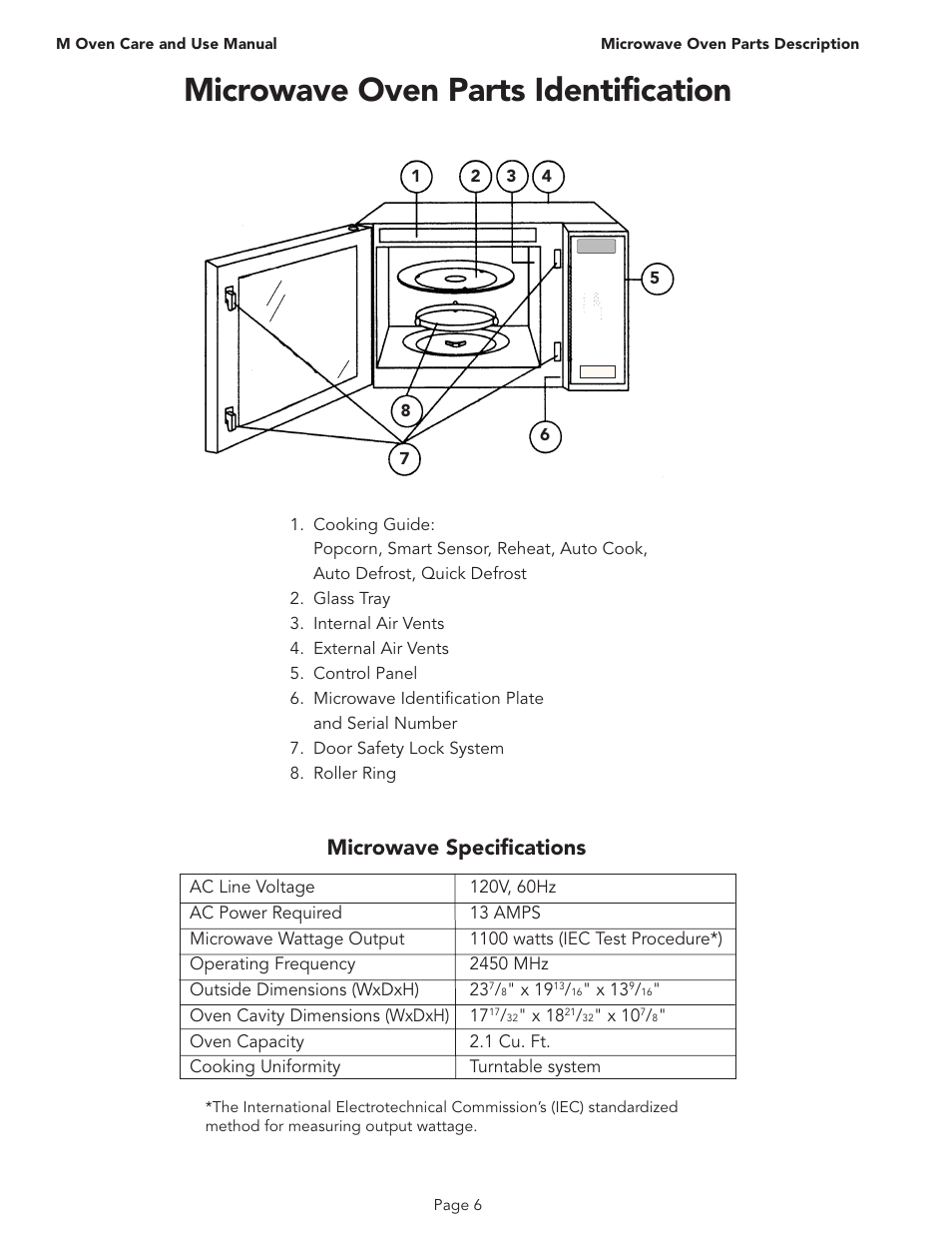 Microwave oven parts identification, Microwave specifications, X 19 | X 13, Oven cavity dimensions (wxdxh) 17, X 18, X 10, M oven care and use manual, Microwave oven parts description page 6 | Thermador MT30B User Manual | Page 8 / 28